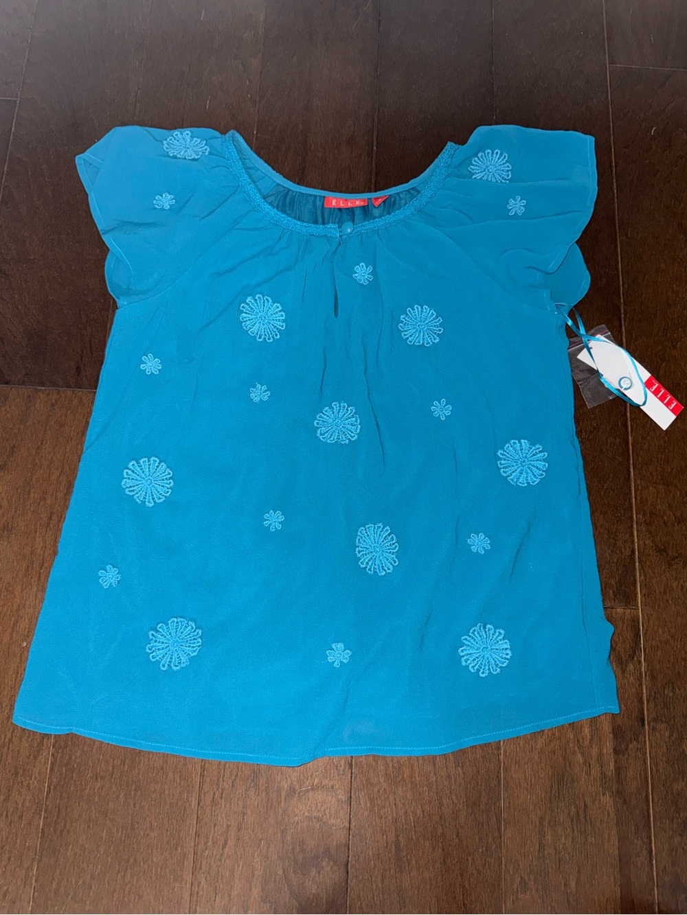 Elle Teal Floral Embroidered Flutter Sleeve Tunic